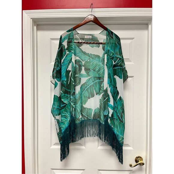 Soul Young Green Fern Print Fringed Kimono O/S - Picture 1 of 6